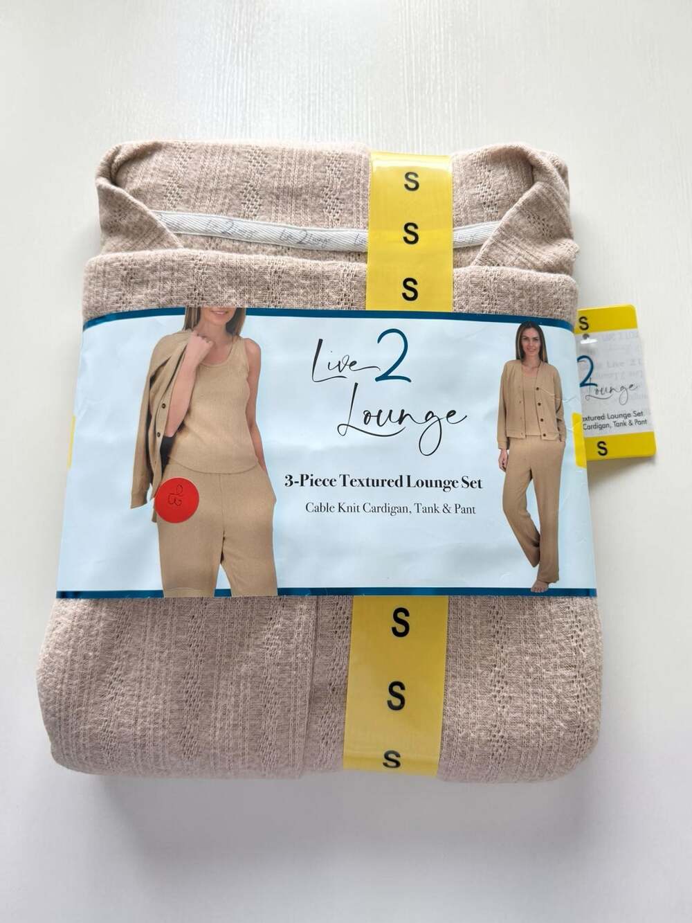 Live 2 Lounge 3-Piece Textured Lounge Set Cardigan Tank Pant Tan Size S
